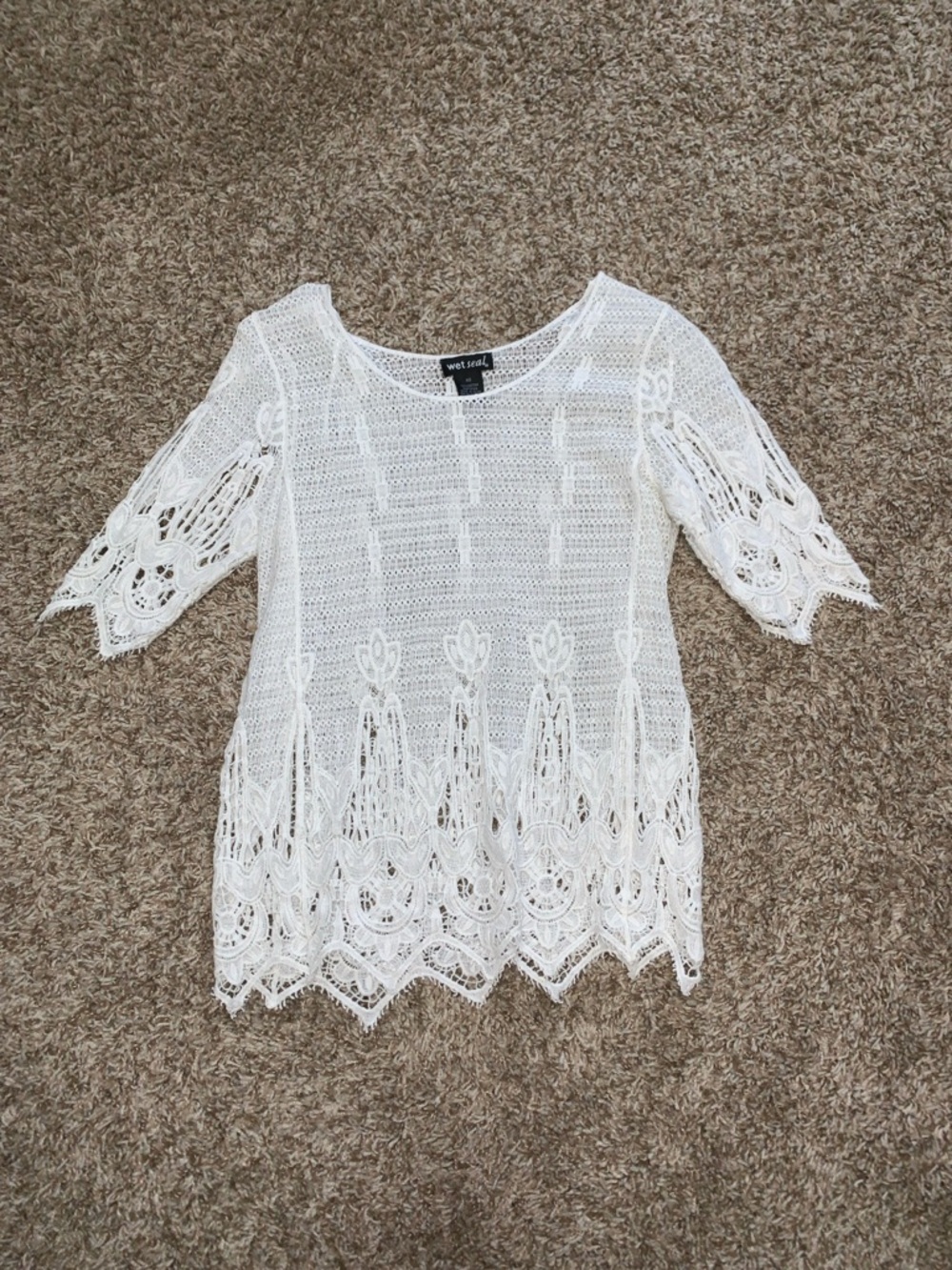 Y2K Wet Seal Ivory White Crochet Lace Cotton Short Sleeve Coverup Blouse Top XS